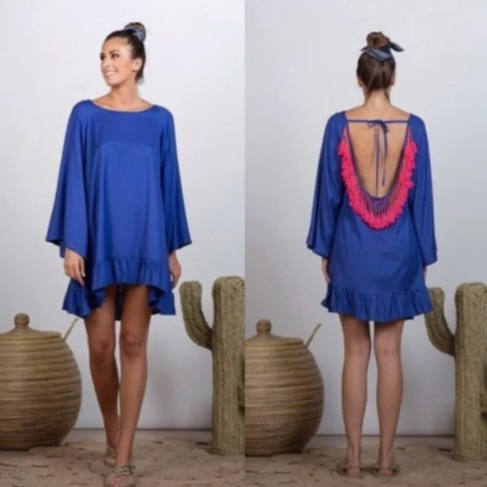 SUNDRESS royal blue neon pink Indiana Tassel-back Mini Dress cover up